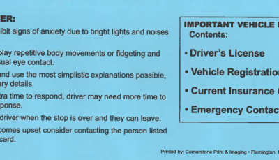 Driver is on the autistic spectrum – Blue Envelopes available for pick up at the Frenchtown Police Department